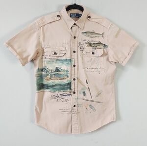 VTG Polo Ralph Lauren Sportman Fly Fishing Patchwork Shirt Medium Tan Button Up